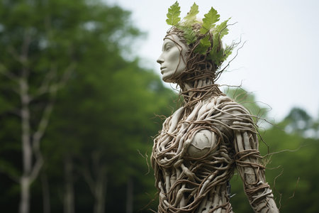 Humanoid eco robot with green hair of leaves looking on green forest, illustration. Artificial intelligence innovation technology develop solution for sustainable environment and nature protection.の素材