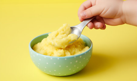 Babies hand holding spoon of tasty mashed potatoes isolated on yellow background with copy space. A bowl full of food. Hungry baby eats mashed food.の素材