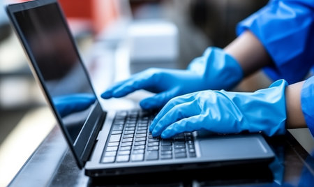 Hands in protective gloves typing on laptop keyboard. Doctor or scientist in blue coat and gloves writing on laptop in clinic or laboratory office. Protection, biochemistry and biotechnology conceptの素材