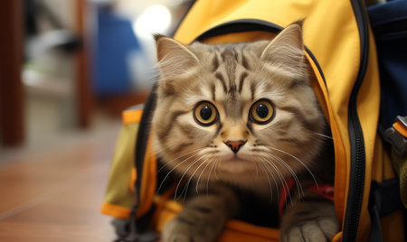 Domestic cat sitting in a carrier bag. Scared kitten in backpack traveling with an owner. Funny kitten in a backpack plays, looks, sitting, close up.の素材