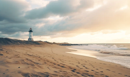 Tall red and white lighthouse on sand dunes in evening sunlight. Blue sky with white clouds. Summer vacation, holiday at sea concept. Panoramic view of a lighthouse standing at the coast on cloudy dayの素材