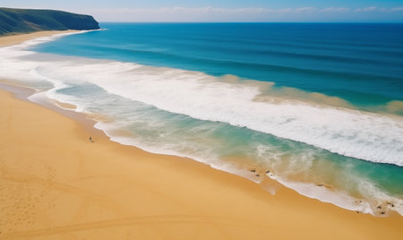 Beautiful tropical beach with blue sky and white clouds texture background. Nature landscape view of beach and sea in sunny day. Copy space of summer vacation and holiday business travel concept.の素材