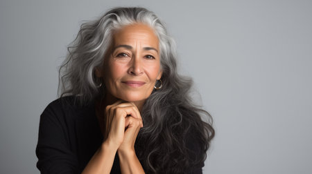 Lady advertising anti age face skin and body care treatment cosmetics isolated on gray background. Senior woman touching, massaging beautiful face, smiling. Elderly female with gray hair and soft skinの素材