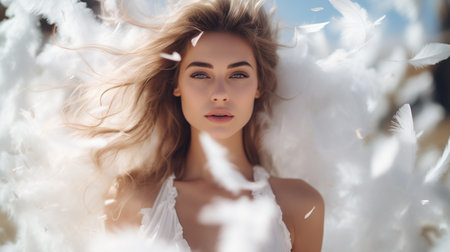 Model or ballerina in white dress on blurred background, banner, copy space. Portrait of a happy beautiful blond woman in beautiful dress having a party while standing under feathers rain background.の素材