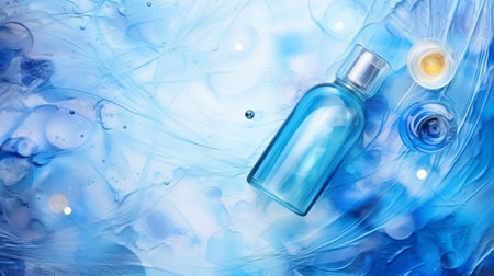 Transparent glass cosmetic perfume bottle in the blue water. Blue cosmetic bottle, water explosion background with copyspace. Perfumery, cosmetics and branding concept. Fresh sea coastal scentの素材