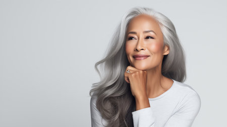 Lady advertising anti age face skin and body care treatment cosmetics isolated on gray background. Senior woman touching, massaging beautiful face, smiling. Elderly female with gray hair and soft skinの素材