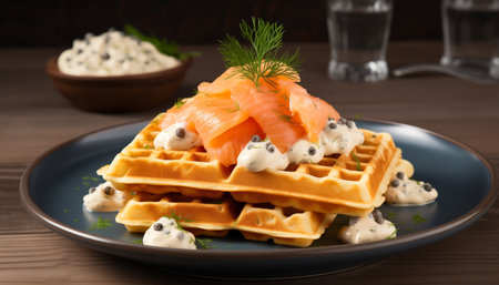 Salmon sandwich on Viennese waffles with ricotta cheese. Delicious waffles with cream cheese, salmon slices and green dill on dark plate. Healthy breakfast with ricotta and fish.の素材
