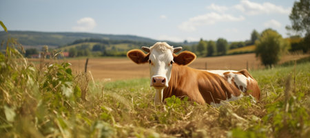 Spotted cow grazing on beautiful green lawn. Happy single cow on a meadow at daytime in summer. Cow grazing at the domestic farm. Brown calf eating green grass, under the blue sky.の素材