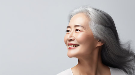 Lady advertising anti age face skin and body care treatment cosmetics isolated on gray background. Senior woman touching, massaging beautiful face, smiling. Elderly female with gray hair and soft skinの素材