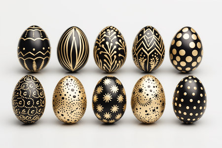 A collection of black and golden easter eggs featuring delicate floral patterns set against a clean white background. Perfect for easter-themed concepts and spring celebrations.の素材