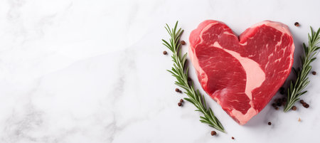 Top view flat lay of a heart-shaped piece of raw meat, symbolizing love and romance for Valentine's day dinner preparation. Copy space available for text or recipe ideas.の素材