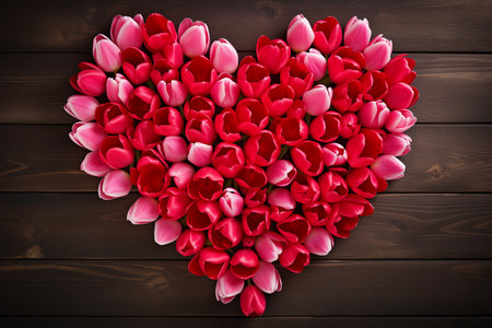Close-up of vibrant, heart-shaped tulips in full bloom, perfect for Valentine's day celebration. The bright red and pink colors add to the romantic atmosphere.の素材