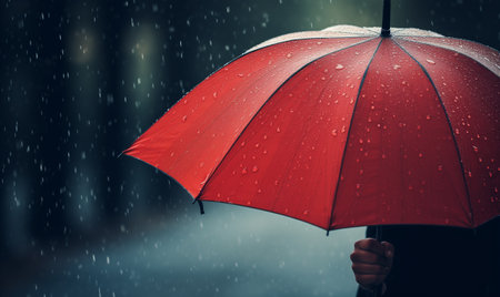 Hand holding red umbrella under rain on street background, closeup. Silhouette with umbrella in rainy foggy day. Person with umbrella stands by road in rainy weather.の素材