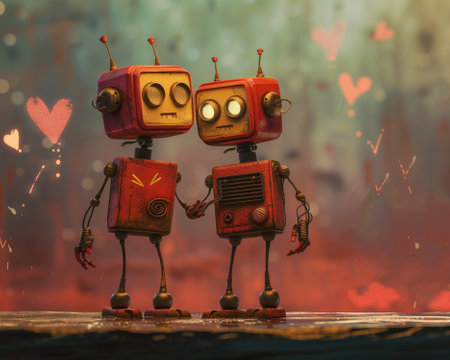 Illustration of two humanoid robots in a futuristic city, loving each other, celebrating Valentine's day with a romantic and futuristic vibe. Robotic love.の素材