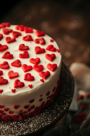Close-up of a mouthwatering chocolate cake adorned with sweet tiny red hearts, presenting a delightful and indulgent dessert for special occasions or Valentine's day celebration.の素材