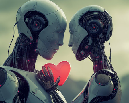 Illustration of two humanoid robots in a futuristic city, loving each other, celebrating Valentine's day with a romantic and futuristic vibe. Robotic love.の素材