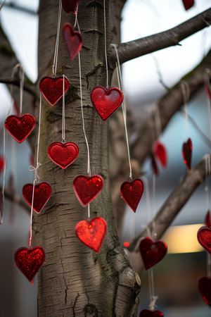 A romantic tree adorned with beautiful valentine's day decorations, such as heart-shaped ornaments hanging outdoors in a serene setting.の素材
