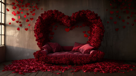 A romantic valentine's day setup with a bed adorned with red heart-shaped decor, creating an intimate and inviting atmosphere for a special celebration of love and romance.の素材