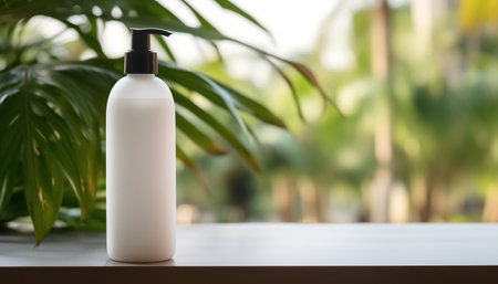 White packaging cosmetic plastic bottle with palm leaves. Mock up of blank label of shampoo, lotion, moisturizer bottle on shelf, green tropical tree in bathroom in sunlight. Spa and grooming product.の素材