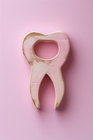 Close-up of a shiny tooth and a pink heart on a soft pink background, perfect for dental and health concepts. Ideal for promotional material and advertisements.の素材