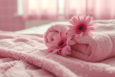 A serene image of a pink soft towel at the spa with copy space. Concept of enjoying a moment of relaxation and self-care on women's day, celebrating beauty and inner peace.の素材