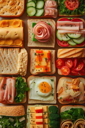 Top view of a colorful assortment of delicious sandwiches arranged neatly on a table, creating a vibrant and appetizing flat lay for a tasty lunch spread.の素材