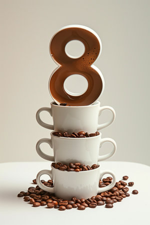 Creative international womens day celebration design featuring the number eight made from colorful coffee mugs, perfect for empowering and inspiring women.の素材