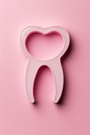 Close-up of a shiny tooth and a pink heart on a soft pink background, perfect for dental and health concepts. Ideal for promotional material and advertisements.の素材