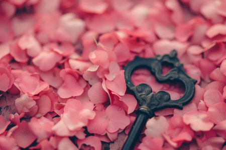 A heart-shaped key symbolizing love and the romantic spirit of Valentine's day. This close-up image with copy space is perfect for greeting cards, love-themed designs, and romantic concepts.の素材