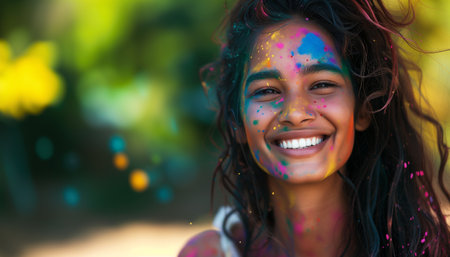A young woman is joyfully celebrating the holi festival, covered in vibrant rainbow powders, expressing the lively and colorful spirit of the traditional Indian celebration.の素材
