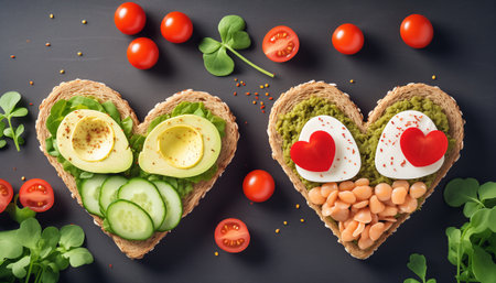 Heart-shaped sandwiches neatly arranged on a table in a flat lay composition, perfect for Valentine's day or romantic-themed concepts, creating an inviting and heartwarming scene.の素材