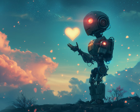 Illustration of robot falls in love in a futuristic world, celebrating valentine's day with a romantic and futuristic vibe. Robotic love.の素材