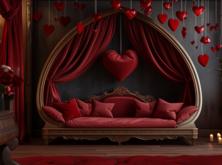 A romantic valentine's day setup with a bed adorned with red heart-shaped decor, creating an intimate and inviting atmosphere for a special celebration of love and romance.の素材