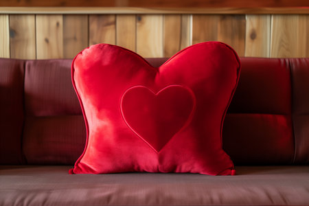 A close-up shot of a plush, romantic Valentine's day pillow featuring a heart design. This lovely gift is perfect for your special someone to celebrate the holiday of love with warmth and affection.の素材