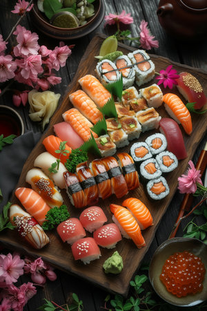 International womens day celebration with a conceptual representation of empowerment through colorful and artistic sushi platters, a creative and empowering way to honor women.の素材