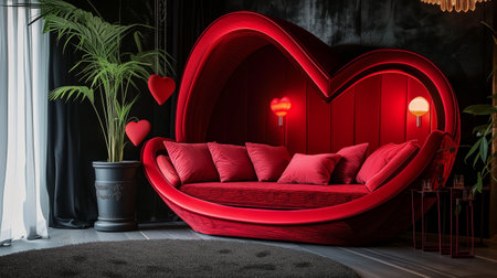 A romantic valentine's day setup with a bed adorned with red heart-shaped decor, creating an intimate and inviting atmosphere for a special celebration of love and romance.の素材