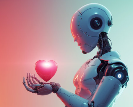 Illustration of robot falls in love in a futuristic world, celebrating valentine's day with a romantic and futuristic vibe. Robotic love.の素材