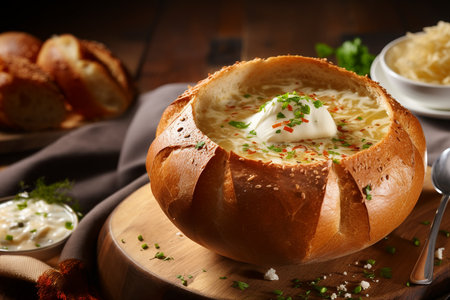 Sourdough bread bowl filled with cheese soup. The authentic flavors of Polish cuisine with a delectable soup served in a freshly baked bread loaf. Cream soup in bread on a wooden tray.の素材