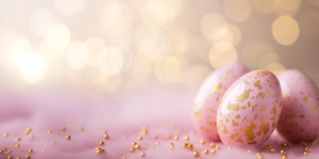 A group of beautifully decorated easter eggs featuring pastel pink and gold designs, set against a radiant glowing background. Ideal for festive and holiday-themed projects. Banner with copy space.の素材