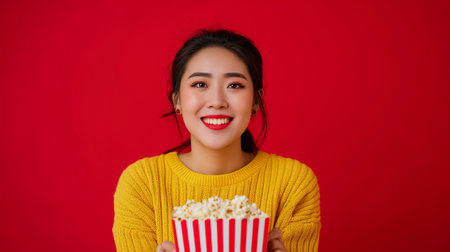 A portrait of a happy and smiling young Asian woman wearing a yellow sweater, indulging in popcorn from a large cinema box. The woman is isolated on a red background, enjoying her snack with delight.の素材