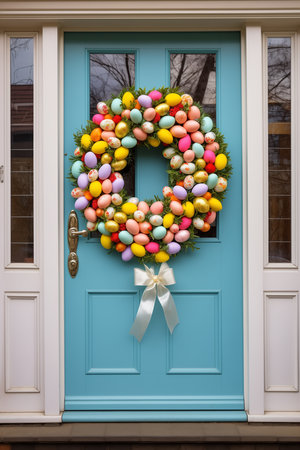 A beautiful and vibrant easter wreath decorated with a variety of colorful eggs hanging on a front house door, adding a festive and welcoming touch to the spring season celebration.の素材