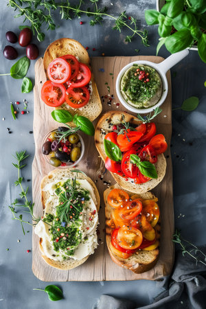 Top view of a colorful assortment of delicious sandwiches arranged neatly on a table, creating a vibrant and appetizing flat lay for a tasty lunch spread.の素材