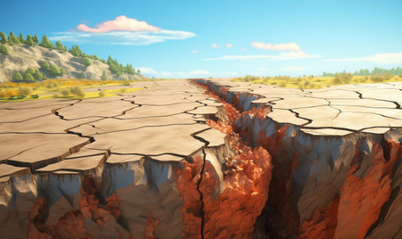 The broken fault line stretching for kilometers of a very large earthquake. Faults of the earth crust, consequence of the earth. Fault line break. Dry and cracked. An ecological disaster.の素材