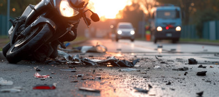 Close-up shot of a motorcycle accident scene with scattered debris and wreckage on the road, illustrating the aftermath and devastation caused by the crashの素材