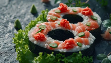A creative and decorative arrangement of sushi forming the number 8 to celebrate international womens day, signifying the importance of this significant day for women around the world.の素材