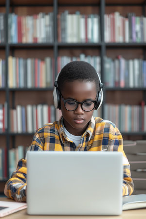 A young African American boy wearing glasses and headphones is focused on her laptop, participating in remote learning or online education. He appears engaged and determined to learn.の素材