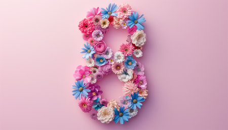 Vibrant and delicate paper flowers shaped into a beautiful number eight to celebrate international womens day. This handmade decoration symbolizes creativity, femininity, and the beauty of diversity.の素材