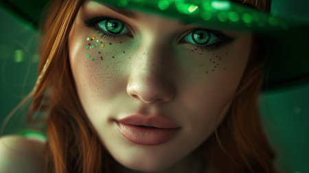 The woman, who has red hair and green eyes, is donning a green hat on her head. Celebration St Patricks day Girl.の素材