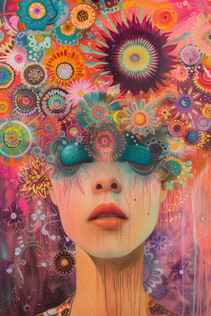 Woman with ethereal expression on her face, adorned with vibrant patterns that seamlessly merge with her natural features. Portraying One Womans Multifaceted Inner World and Vibrant Spectrum of Mind.の素材
