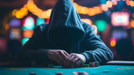 A hooded poker player sits at the casino table, surrounded by a blurred night tournament scene, creating an air of mystery and intensity. The image offers ample space for adding text or graphics.の素材